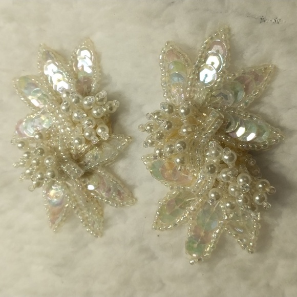 Vintage Custom Made Earrings Clip-on Faux Pearl and Iridescent Sequins - Picture 2 of 4